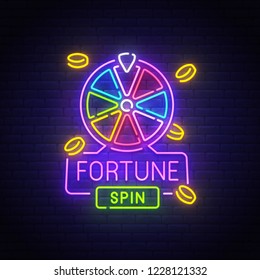 Fortune neon sign, bright signboard, light banner. Big win logo, emblem. Spin label. Vector illustration