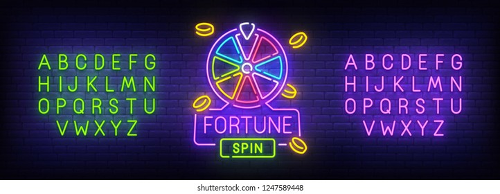 Fortune neon sign, bright signboard, light banner. Game spin logo. Neon sign creator. Neon text edit. Vector illustration