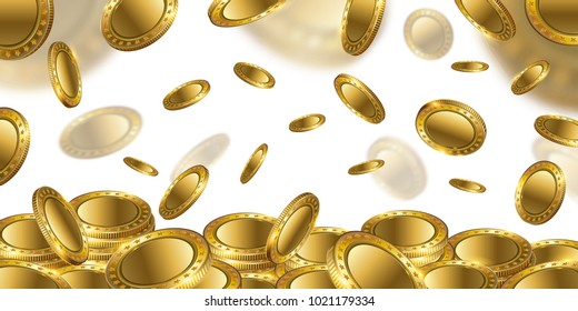 Fortune Realistic 3d Gold Empty Coins flying on white background. 
Casino cash prize money. 
Cash money symbol isolated. 
Finance investment. Vector illustration
