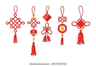 Fortune red knots with beads and dragon face flat color vector objects set. Chinese New Year illustrations bundle on white background