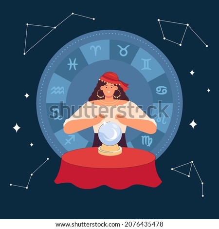 Fortune seer predicting fate with astrology and crystal ball. Magic female fortuneteller telling about future, clairvoyant sitting at table flat vector illustration. Superstition, mystery concept