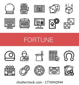 fortune simple icons set. Contains such icons as Crystal ball, Online gambling, Slot machine, Lotto, Online casino, Dice, Gambling, Casino, can be used for web, mobile and logo