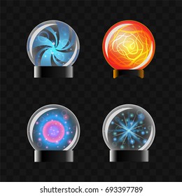 Fortune Sphere - realistic modern vector set of different magical balls. Black background. Use this high quality clip art for presentations, banners, flyers. Round objects containing hidden knowledge.