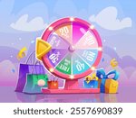 Fortune spinning wheel. Spin to win. Winning discount voucher, coupon or special offer as prize for purchasing. Ecommerce Advertising Banner With Wheel Of Fortune. Cartoon 3D vector illustration