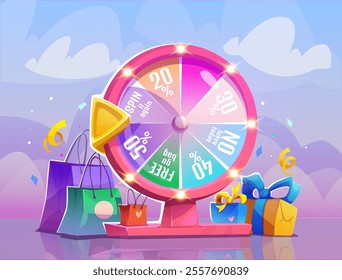 Fortune spinning wheel. Spin to win. Winning discount voucher, coupon or special offer as prize for purchasing. Ecommerce Advertising Banner With Wheel Of Fortune. Cartoon 3D vector illustration