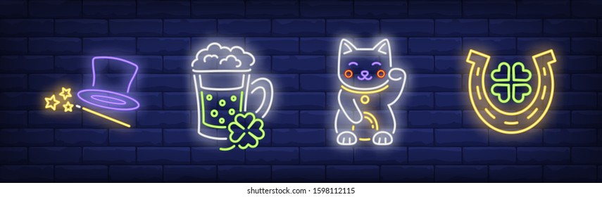 Fortune Symbols Neon Sign Set. Magic Hat, Green Beer, Clover Leaf, Cat, Horseshoe. Vector Illustration In Neon Style, Bright Banner For Topics Like Luck, March, Saint Patrick Day