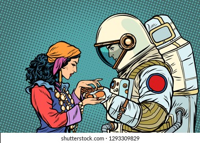 The fortune teller, and an astronaut. Palmistry by hand. Pop art retro vector illustration vintage kitsch