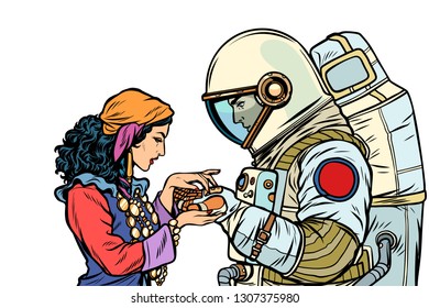 The fortune teller, and an astronaut. Palmistry by hand. Isolate on white background. Pop art retro vector illustration vintage kitsch