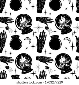 Fortune teller background with crystall ball and palmistry hand. Vector seamless pattern in retro style.