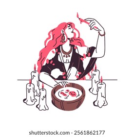 Fortune teller with burning candle predicts future. Fortuneteller does divination by wax in bowl of water. Witch reading destiny, telling fate. Flat isolated hand drawn vector illustration on white