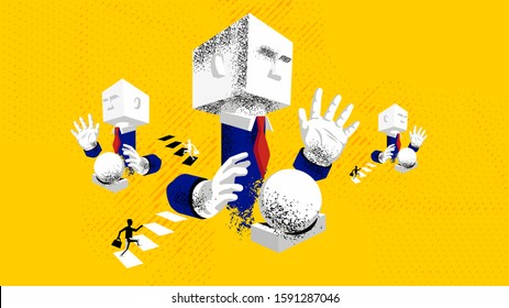 Fortune teller. Businessman is foretelling future with magic ball. Forecasting financial markets. Business man runs up the stairs of success. Vector illustration in surrealism style.