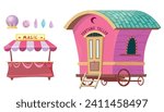 Fortune teller cabin and magic crystals flat design illustrations. Magic cabin and supernatural shop. Magic sphere