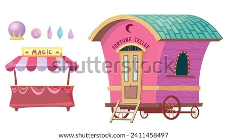 Fortune teller cabin and magic crystals flat design illustrations. Magic cabin and supernatural shop. Magic sphere