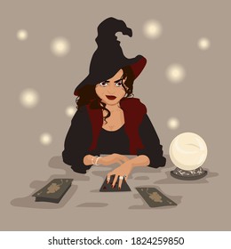 Un adivino puede decir lo que viene y ayudar o arruinar todo. Misteriosa bruja sonríe como si escucharan voces de cartas y bola de cristal. Ilustración vectorial.