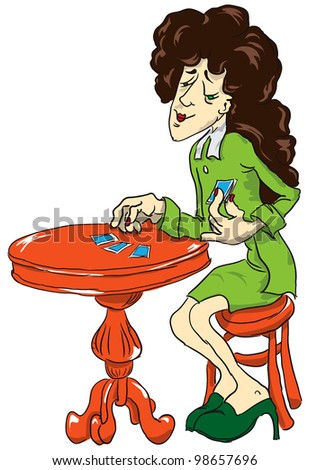 Fortune Teller at the card table with the cards. Vector illustration.