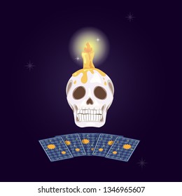 Fortune teller cards with a skull with burning candles.