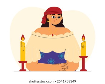 Fortune teller in the center with traditional gypsy costume, vector illustration.