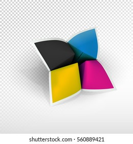 Fortune teller with CMYK colors. Poligraphy emblem for identity and advertising design. Blank square leaflets with 4 wings on light grey in perspective