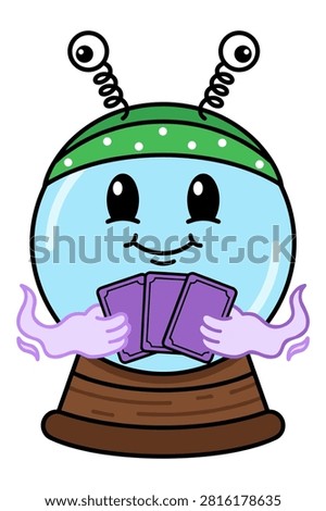 Fortune teller crystal ball character, antennas, holding cards. Psychic, magic, future concept.