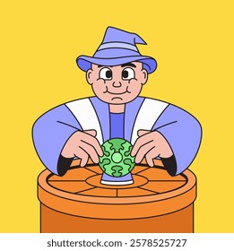 Fortune teller with a crystal ball designed in a playful vector cartoon style suitable for mystical and fantasy themes