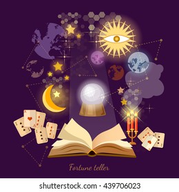Fortune Teller Crystal Ball In Psychics Magic Book Astrology Signs Vector Illustration 