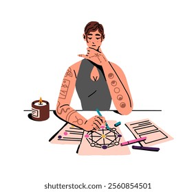 Fortune teller does divination with horoscope, astrology. Fortuneteller reading destiny by natal chart. Woman telling fate with numerology. Flat isolated vector illustration on white background