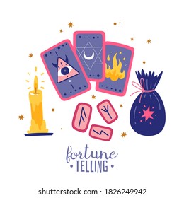 Fortune teller doodle set. Cartoon halloween icons, magician with tarot cards and candle. Vector illustration