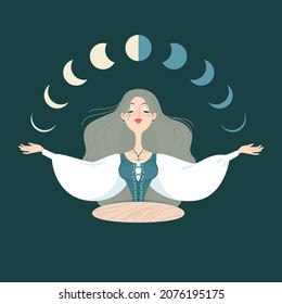 Fortune teller female character. Cartoon illustration of a beautiful girl with raising hands telling the future by seeing moon phases. Astrology or magic concept. Vector 10 EPS.
