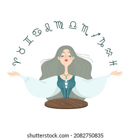 Fortune teller female character. Cartoon illustration of a beautiful girl with raising hands telling the future by seeing zodiac signs isolated on a white background. Astrology concept. Vector 10 EPS.