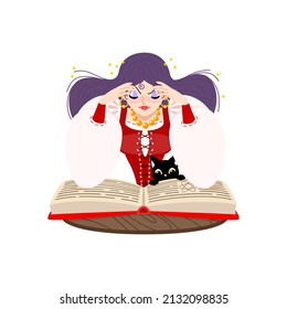 Fortune teller female character. Cartoon illustration of a beautiful girl telling the future using magic book and her funny black cat isolated on a white background. Vector 10 EPS.