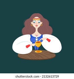 Fortune teller female character. Cartoon illustration of a beautiful girl telling the future using coffee grounds on a dark background. Vector 10 EPS.