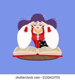 Fortune teller female character. Cartoon illustration of a beautiful girl telling the future using magic book and her funny black cat on a purple background. Vector 10 EPS.