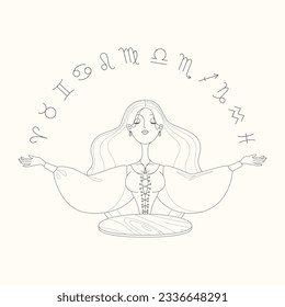 Personaje femenino de la cantante de fortuna. Ilustración de caricatura de una hermosa muchacha con las manos levantadas diciéndole el futuro al ver signos de zodiaco. Astrología o concepto mágico. Vector 10 EPS.