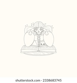 Fortune teller female character. Cartoon illustration of a beautiful girl telling the future using magic book and her funny black cat. Vector 10 EPS.