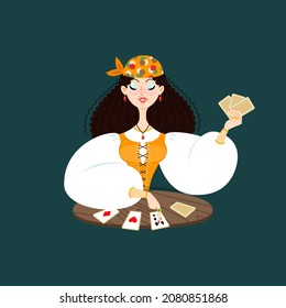 Fortune teller female character. Gypsy oracle. Cartoon illustration of a beautiful girl telling the future by seeing cards. Vector 10 EPS.