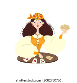 Fortune teller female character. Gypsy oracle. Cartoon illustration of a beautiful girl telling the future by seeing cards isolated on a white background. Vector 10 EPS.