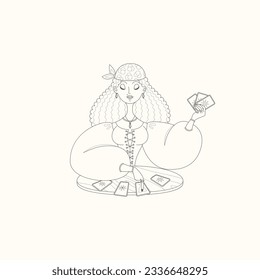 Fortune teller female character. Gypsy oracle. Cartoon illustration of a beautiful girl telling the future by seeing cards. Vector 10 EPS.