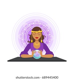 Fortune teller forecasting with the ball, occult ritual vector Illustration
