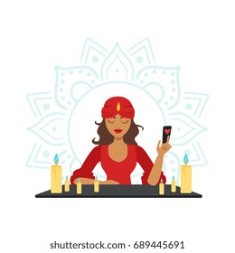 Fortune teller forecasting with cards, occult ritual vector Illustration