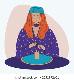 A fortune teller of the future guesses on the flame of a candle and predicts the future. Vector image of a woman who is engaged in magic. The witch conducts an isotheric session.