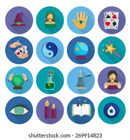 Fortune teller and future prediction icons long shadow flat set isolated vector illustration