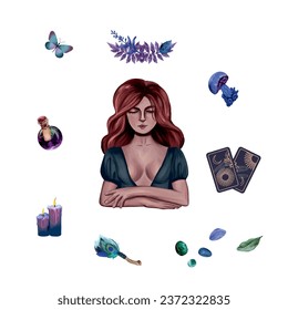 Fortune teller girl, tarot cards, candles, stones, a butterfly, a butterfly. Vector set for esoteric and halloween. Cards, banners, flyers, covers.
