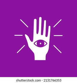  Fortune teller glyph icon. Third eye on palm. Seecrees. Future predictions. Magical arts concept.Filled flat sign. Isolated silhouette vector illustration