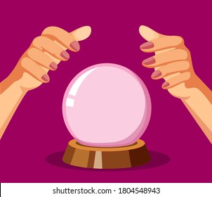 Fortune Teller. Hand With Crystal Ball Concept In Cartoon Illustration Vector