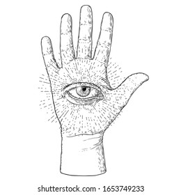 Fortune teller hand. Palmistry with all seeing eye. Magic alchemy spirituality symbol. Hand drawn sketchy palm reading with mystic and occult hand drawn esoteric eye. Vector.