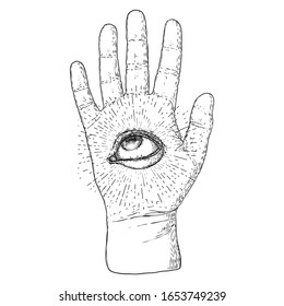 Fortune teller hand. Palmistry with all seeing eye. Magic alchemy spirituality symbol. Hand drawn sketchy palm reading with mystic and occult hand drawn esoteric eye. Vector.