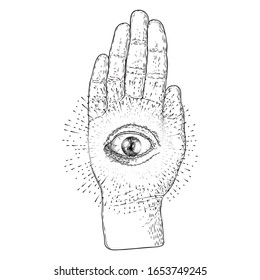 Fortune teller hand. Palmistry with all seeing eye. Magic alchemy spirituality symbol. Hand drawn sketchy palm reading with mystic and occult hand drawn esoteric eye. Vector.