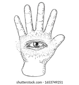 Fortune teller hand. Palmistry with all seeing eye. Magic alchemy spirituality symbol. Hand drawn sketchy palm reading with mystic and occult hand drawn esoteric eye. Vector.