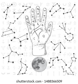 Fortune teller hand with Palmistry diagram hand drawn design. Vintage illustration for tattoo template. Palm reading magic spirituality zodiac constellations on sacred symbols background. Vector.