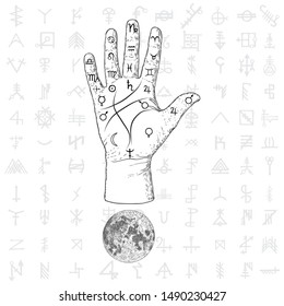 Fortune teller hand with Palmistry diagram hand drawn design. Vintage illustration for tattoo template. Palm reading magic spirituality zodiac constellations on sacred symbols background. Vector.